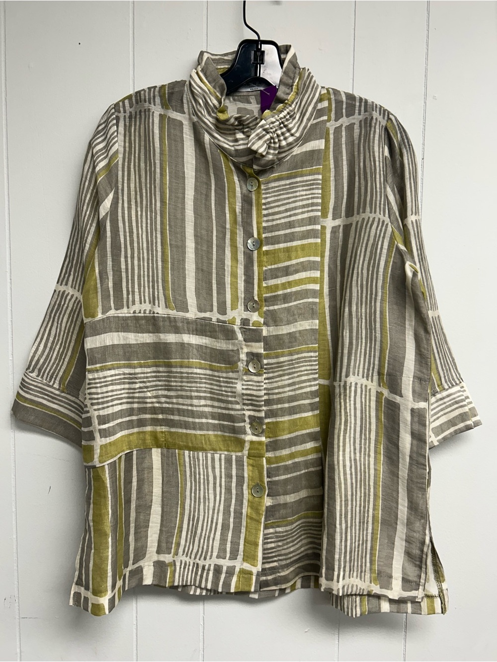 Women’s Striped Button-Front Casual Shirt in Olive and Taupe